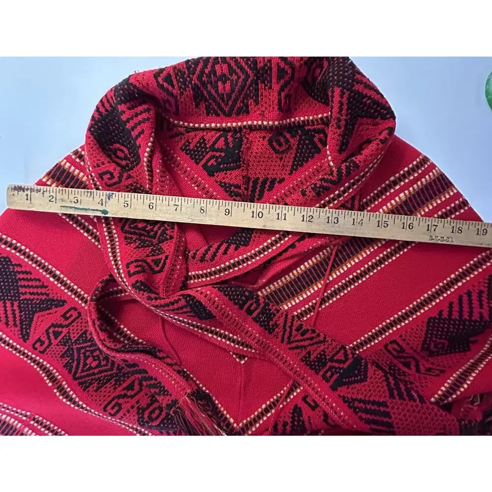 Red Black Woven Geometric Fringe Poncho Cape Shawl Boho Festival One Size
